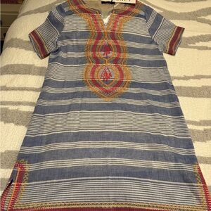 Blue Striped Embroidered Tunic Dress